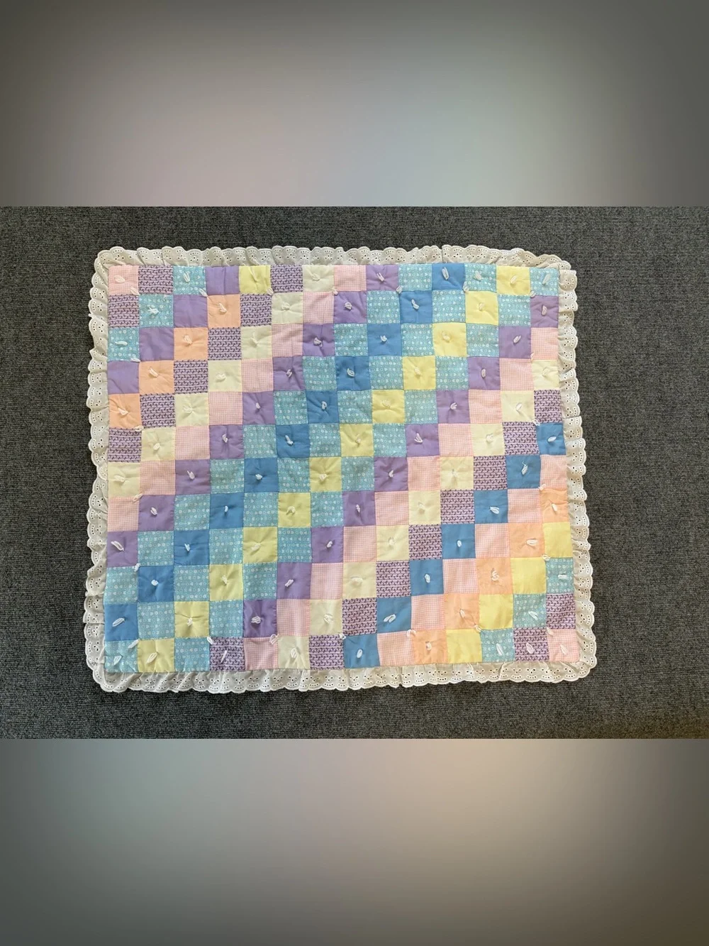Handmade Patchwork Baby Blanket Pastel Quilt Eyelet Lace Trim 31x35 Vintage